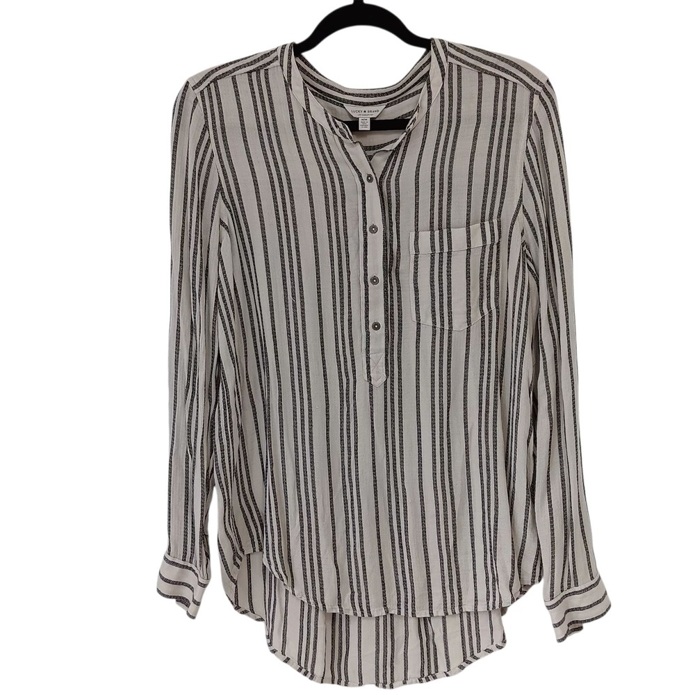 Lucky Brand Cream Striped Top M Long Sleeve‎ Viscose Roll-Tab Blouse